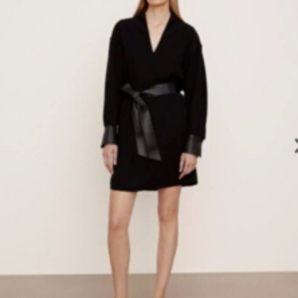 Vince Split Neck Faux Leather Trim Corpcore Travel Shirtdress Black Large